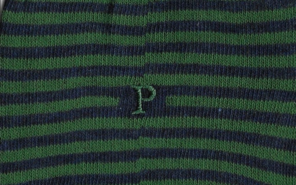 calza uomo riga blu melange - verde cotone organico personalizzata iniziali ricamate lettera P P_304A