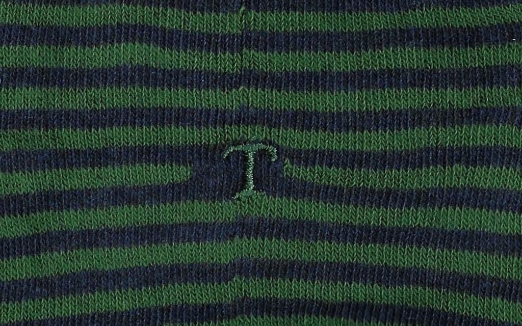 calza uomo riga blu melange - verde cotone organico personalizzata iniziali ricamate lettera T T_304A
