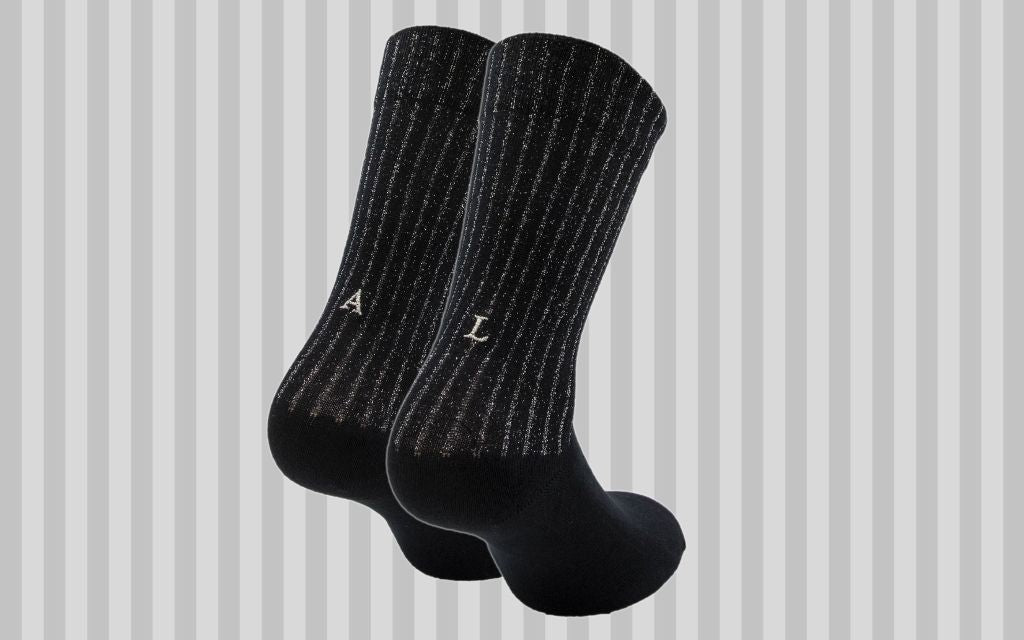 Calze Donna Lurex Blend a Coste | Nero Argento Iniziali Ricamate Argento | Taglia 36/39 | Lunghezza Polpaccio