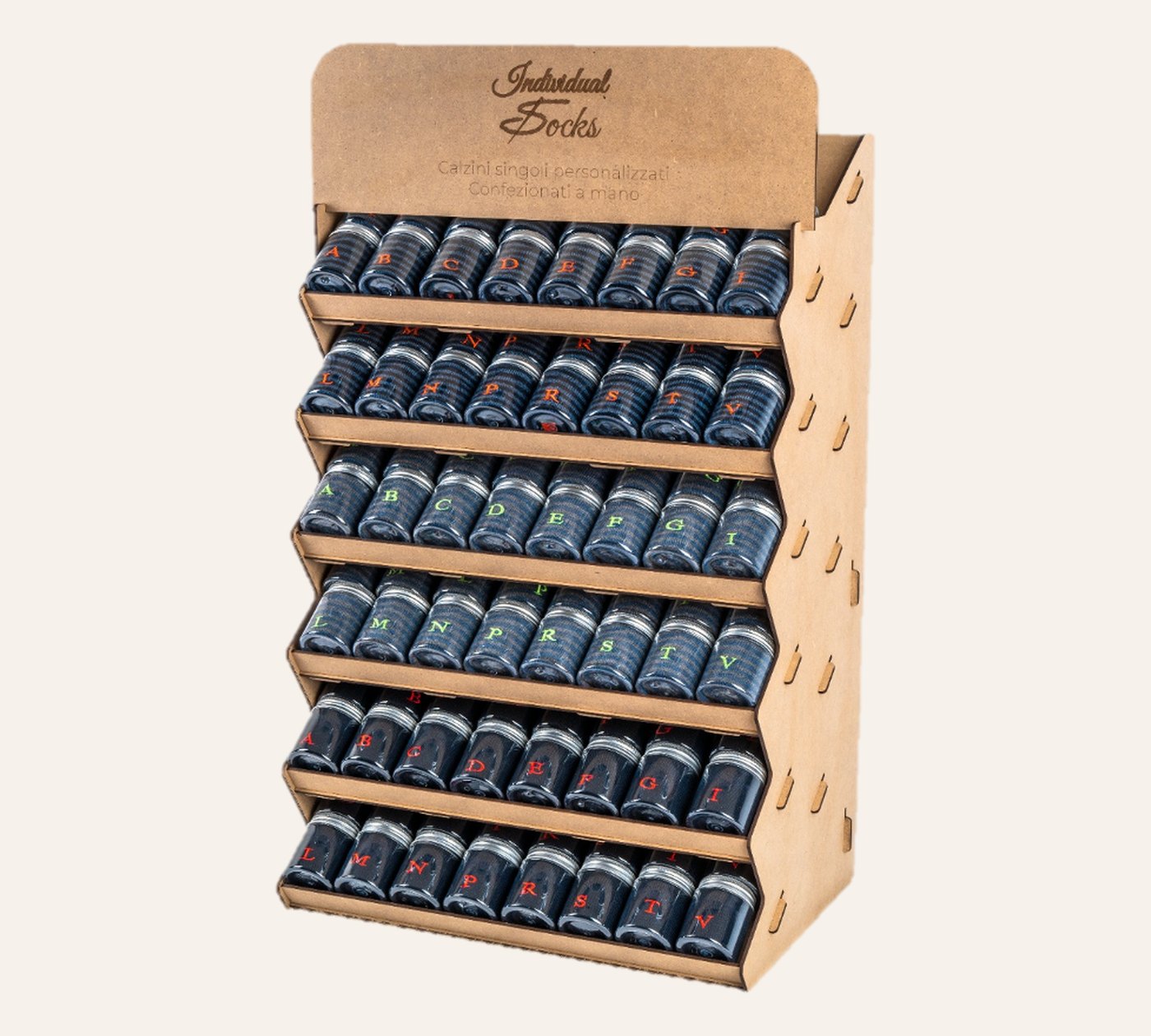 Individual Socks wooden display with six shelves and the letter jars